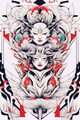 Create a captivating modern 2d colorfull ink tattoo design for print , using the elegant influences of japan art style, for print, dynamic elements from fashion and design, and bold Japanese contemporary art aesthetics, framing centered in the center, distanced from the edges of the paper perimeter, perfect anatomy, bauhaus, Divine Proportion,