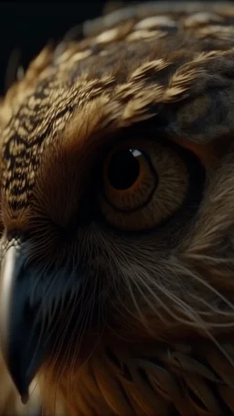 A hyperrealistic macro shot of an owl head out of a spider web, intricate details, soft natural light, screen captured from 4K Blu-ray