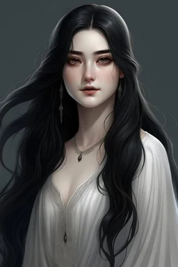 a 16 year old woman, white skin, long wawy black hair, beautiful round face, black eyes, in a white dress, realistic epic fantasy style