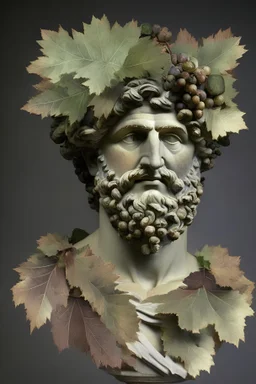 bust of an ancient Greek man with grapes, vine and oak leaves on his head