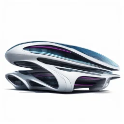 Modern futuristic autobús in cartoon Zaha Hadid style on white background, png, high resolution, highly detailed texture. By drone