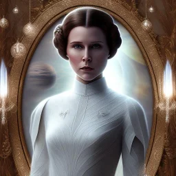 model shoot style, digital art zoomed out portrait of (Princess Leia) ((dressed in white and off white gown)), surrounded by 100 planets, ultra-detailed, ultra quality, illustration, eerie atmosphere, 8k, cinematic lighting