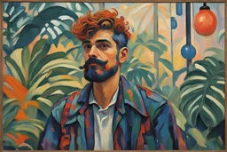 Louis Valtat oil painting tufting tapestry a dreaming young beard colored punk guy in the pop '80s tropical greenhouse rainy day lights oil painting art