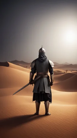 Make me a picture of a Muslim knight, standing in a desert, make the picture in the dark, with his back to the screen.