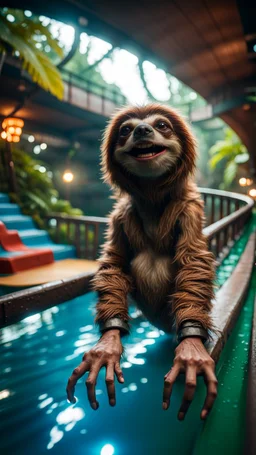 fish-eye photo of furry hairy pimp rocker alien gremlin sloth dwarf on bridge over water slide magically levitating in dark lit reflective wet jungle hall hotel tunnel, in the style of fallout 4 game,bokeh like f/0.8, tilt-shift lens 8k, high detail, smooth render, down-light, unreal engine, prize winning