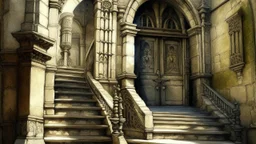 A weathered, medieval-style building showcases an ancient stone staircase ascending towards a grand arched doorway. The doorway is adorned with intricate carvings and a small, stained-glass window that filters a soft, ethereal light. The scene is filled with architectural details, such as worn-out stone pillars and weathered walls, creating an atmosphere of historical grandeur and mystery. The overall composition evokes a sense of time-worn charm and intrigue.