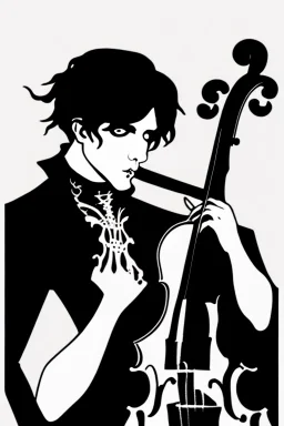 goth male necromancer with black hair playing a cello in the style of Aubrey Beardsley