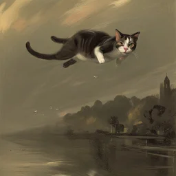 Cat flying , in Mary Vaux Walcott and John Constable style