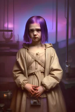 Little girl with violet hair in Cyberpunk wunderkammer painted by Rembrandt with unsane details, soft colors, lot of space around the girl with a lot of strange objects