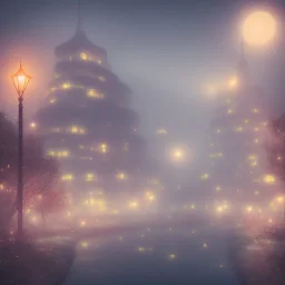 misty foggy area with a spirit inside in a bright japanese city at night