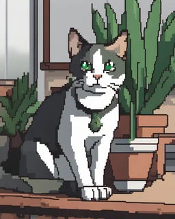 Pixel art of a curious cat with bright green eyes, sitting next to a potted plant on a wooden table