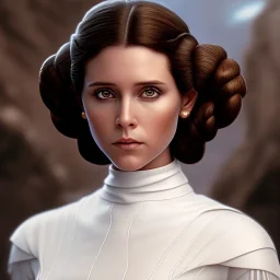 stunning half-body portrait photo of princess leia from Star Wars, hazel iris, wlop, artgerm, akihiko yoshida, and liang xing, detailed face, doe eyes, intricate braided hair style, symmetrical eyes, trending on artstation, highly detailed, white dress, dynamic pose, intricate outfit, space ship and galaxy background