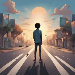 Illustrate a scene where a young afro-caribbean man stands at the center of a crossroads, with roads stretching out in every direction. Each path is labeled with a different duty or role he plays in life. Above him, the sky transitions from dawn to dusk, showing the cyclical nature of his Sundays.