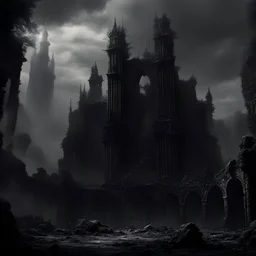 Generate a visually striking black metal artwork that depicts grand ruins with tall towers that are breaking, 8K, extreme detail