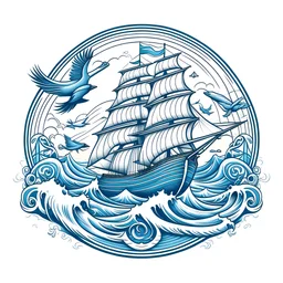 A breathtaking, highly detailed illustration of a logo on white background for sea lovers. The emblem features a majestic sailing ship with billowing sails, surrounded by crashing waves and seagulls in a vibrant, monochromatic color scheme. The ship's hull is adorned with intricate nautical designs, while the background showcases a serene ocean horizon.