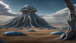 An endless steppe undulating with Hills covered in 10 ancient white oaks glowing with blue magic. h . r. giger. fantasy concept art, exquisite realism, a masterpiece, dynamic lighting, hyperdetailed, intricately detailed, deep color, Unreal Engine, volumetric lighting , Epic cinematic brilliant stunning intricate meticulously detailed dramatic atmospheric maximal,