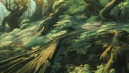 Stylized image of a forest, near a serene lake and mountains in the background at sunrise