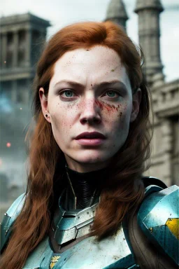 ultrarealistic, concept art,ruined city,__intricate fantasy armor__, no star, __angles__, 40 year old woman, strikingly beautiful,ginger hair, _colour_, (pale __skincolor__ skin:1.2), __camera__, long hair, detailed face and eyes, medium breasts, sci-fi theme, freckles, dynamic pose, resolved expression, __accessory__, strappy outfit, (straps:1.1), sword in scabbard on left hip, (buckles, buttons, snaps, rings:1.0), haltertop style breastplate, detailed eyes, plump lips