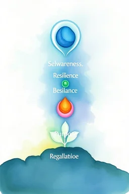 Self-Awareness, Resilience, Balance, Purpose, Compassion represented as symbols pastel water colors