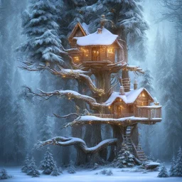 Elf tree house in the forest, 8k, realistic, intricate, highly detailed, cinematic snow effects, night, christmas