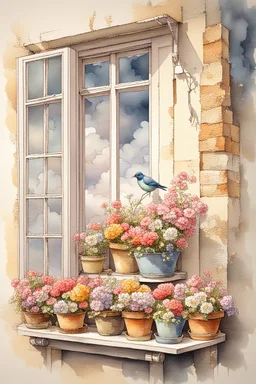 Shabby chic window with flowerpots and bouquets filled with beautiful flowers.full sunlight, stormy clouds, bird, watercolour and ink, stained glass Modifiers: elegant intricate beautiful fantastic view crisp quality colourful Jean-Baptiste Monge pastel colors full view