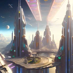 futuristic city with astroport and transparent bridges, galactic landsacape with multicolored crystals falling from the sky, full of details, smooth, bright sunshine，soft light atmosphere, light effect，vaporwave colorful, concept art, smooth, extremely sharp detail, finely tuned detail, ultra high definition, 8 k, unreal engine 5, ultra sharp focus