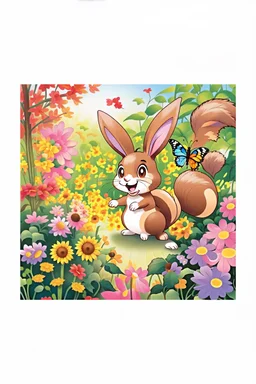 The cute bunny excitedly looks at a bright yellow sunflower in the colorful garden, the beautiful butterfly and friendly brown squirrel are in the picture, child book illustration style, faces must be the same as reference image