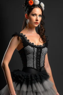 Model with corset, tulle skirt and cardigan crochet