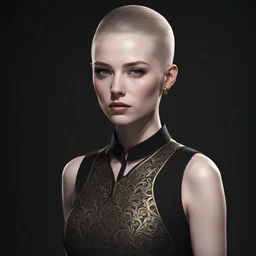 ((young woman pale skin)), dark background, mid shot, full body, neutral expression, buzzcut hair, ultra realistic, highres, superb, 8k wallpaper, extremely detailed, intricate, limited palette, ((sleeveless))