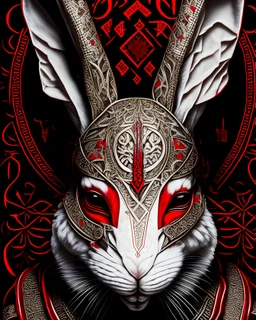 Beautiful rabbit animal portrait adorned vidh metric voidcore shamanism rococo headress and costume armour white and red and black wearing venetian voidcore half face masque organic bio palimpsest metric voidcore metallic filigree extremely detailed hyperrealistic maximálist rabbit portrait art