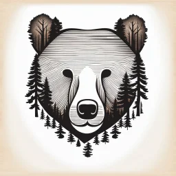 M shaped bear head combined with woods silhouette in backround, letterpress style, minimalistic pencil art