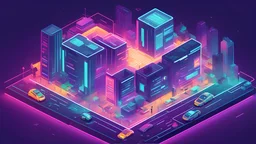 In a bustling city, a high-tech cybersecurity building stands prominent. Vector graphics. neon colours. isometric view. include cars and humans.