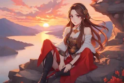 woman with long brown hair, red eyes, pale skin, highly detailed, intricate background, intricate face, sitting on a cliff during sunset, contemplative, anime style, Genshin Impact inspired, wears a Genshin Impact pyro vision amulet, dynamic composition