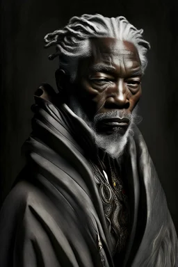 a photo of an African man with ethnic jewelry, grey hair and grey flowing robe, in style of Annie Leibovitz, contemporary portrait of a mature yet beautiful and modernist man, black and grey, detailed masculine face, swirling fluid smokey enigma, award-winning artwork