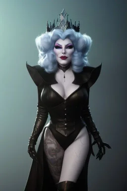 Mae West as evil queen in black leather, leather, busty, cleavage, angry, stern look. character design by cory loftis, fenghua zhong, ryohei hase, ismail inceoglu and ruan jia. unreal engine 5, artistic lighting, highly detailed, photorealistic, fantasy