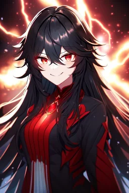 girl, masterpiece, best quality, cinematic lighting, detailed outfit, vibrant colors, perfect eyes, red eyes, long hair, black hair, messy hair, hair between eyes, depth of field, ray tracing, lightning magic, angry, smile,