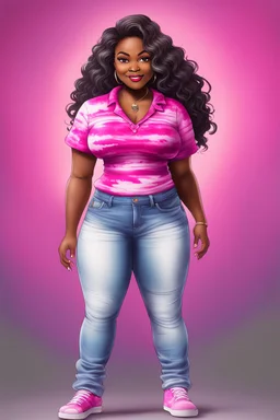 Create an magna cartoon image of a curvy black female wearing a hot pink tie dye t-shirt with white cut up jeans. Prominent make up with hazel eyes. Highly detailed long wavy brown and grey ombre hair flowing in the air.