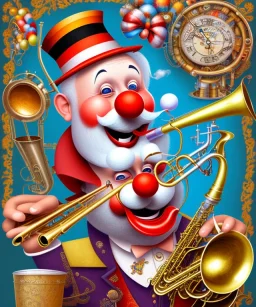 happy and funny old friendly clown with round head and trimmed beard playing jazz with a steampunk theme, trumpet on mouth, paintbrush and aisle, carnival, dreamy