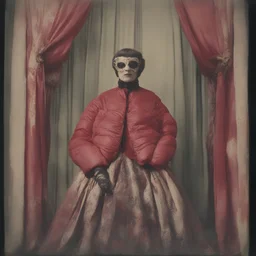 Countess da Castiglione,with a mask,, red, autochrome, plastic puffy jacket, heavy curtain