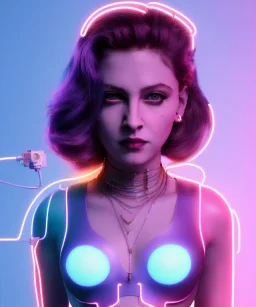 Artist, young madonna, android woman, glow iris, piercings, sweet, long hair, white skin, long eyeliner, glow pink cheeks, glossy lips, color leds lights, cables, short hair, circuits, cyberpunk, latex coat, cyber punk, neon, portrait, studio photo, unreal engine 5, soft color, 16 bit, god lights, ray tracing, RTX, lumen lighting, ultra deatail, volumetric lighting, 3d, finely drawn, hd.