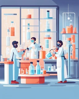 Vaccine research, scientists conducting experiments in laboratory. Vector illustration in flat style