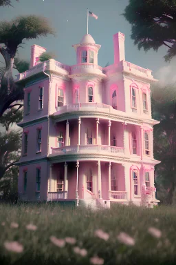 Victorian white house with pink flowers, in the style of Camilla d'Errico, hyper detailed, beautiful, complex, trending on artstation, cinema4d, cryengine, national geographic photo, chiaroscuro