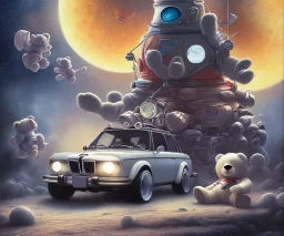 little boy and big teddy bears on moon. drifting in old bmw. oil on canvas