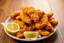 A cinematic shot of a full plate of Southern fried chicken strips. The strips are golden brown and crispy, with some stacked on top of each other and others scattered across the plate. There are also a couple of lemon wedges on the plate. The background is a wooden surface. The lighting is warm and inviting.