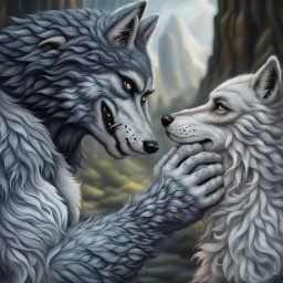 the anthropomorphic gray hairy body wolfman name Teo, holds between his paws the anthropomorphic pale hairy body wolfwoman's face , they look at each other lovingly, blur background, high detalied, realistic, sci-fi and fantasy mood