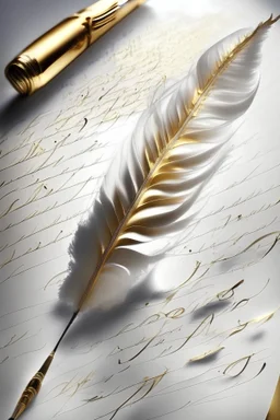 a beautiful white and gold quill pen writing on a sheet of white paper feather surrounded by music and happiness