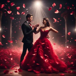 Hyper Realistic handsome muscular guy in black tuxedo & a beautiful girl in classy red gown dance in a wedding party with dramatic lightings & spotlight with rose-petals at dark night.