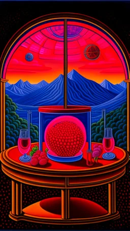 full shot of happy dandys eating cherries in a floating glass dome, dreamlike atmosphere, in the background the landscape burns like hell, in the style of juan gris