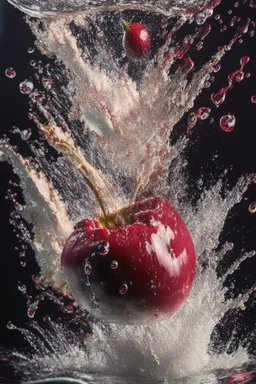 Explosion, splash, cherry is falling into the water, close up, water is splashing radially, centered, perfect composition, vogue style, Creative food photography, softbox, trending on art station, sharp focus, studio photo, intricate details, highly detailed, by Greg Rutkowski, fashion magazine cover