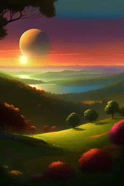 can you create a planet that has a perpetual twilight, bathes in a gentle, warm glow. The landscape is diverse, with rolling hills, vibrant meadows, and sparkling lakes that reflect the soft light of the suns above. The air is crisp, carrying a soothing breeze that whispers through the colorful foliage.